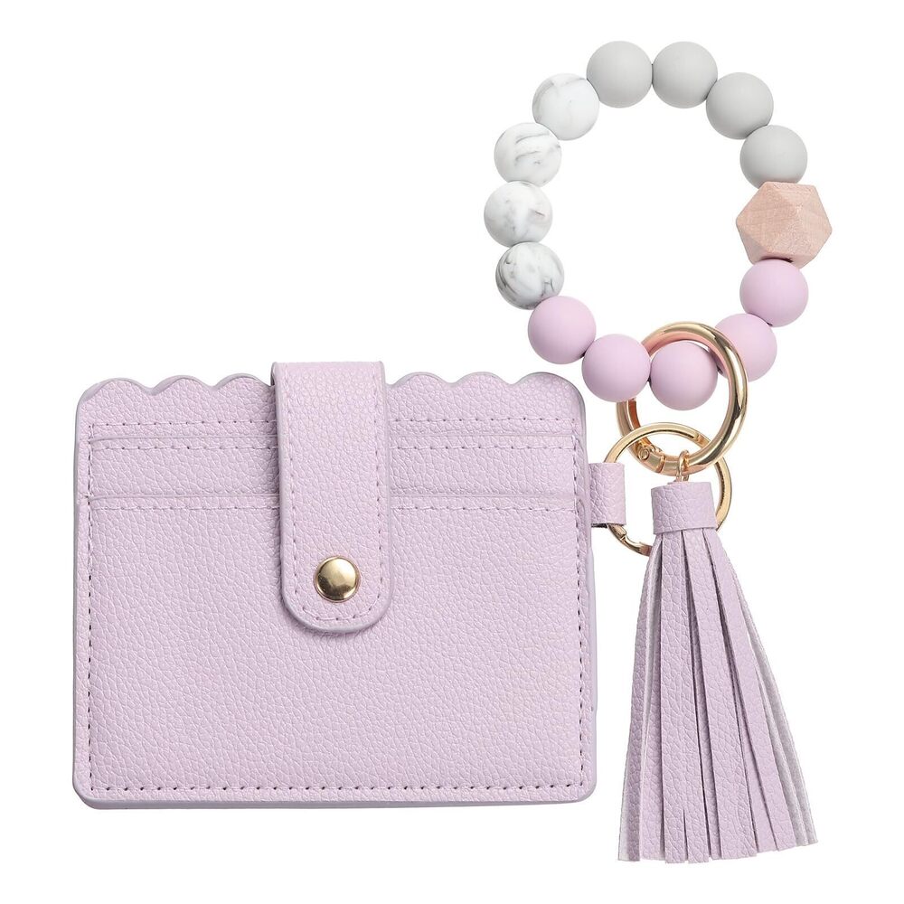 5031 Card Holder Wallet with Silicone Beaded Bracelet, Slim PU Leather